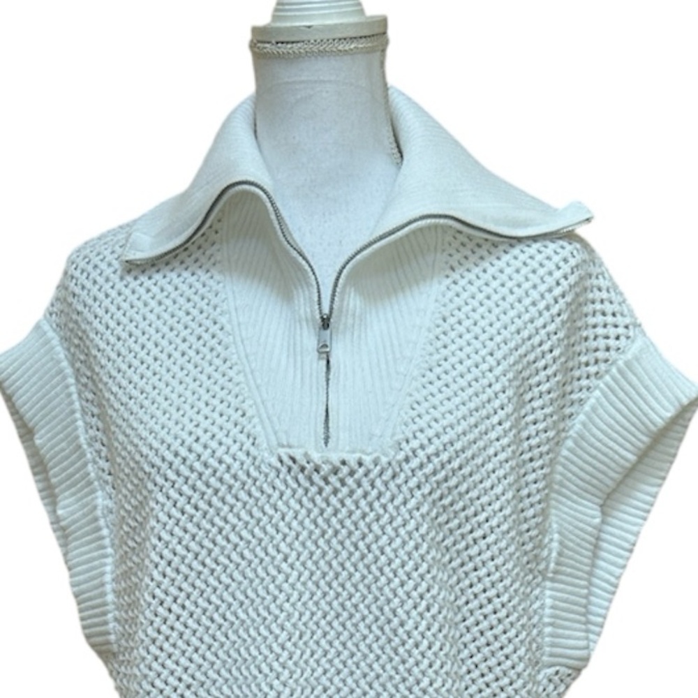 Scotch & Soda Women White Crochet Knit 1/4 Zip Cap Sleeve Sweater Sugar Sizzle L - Picture 5 of 16